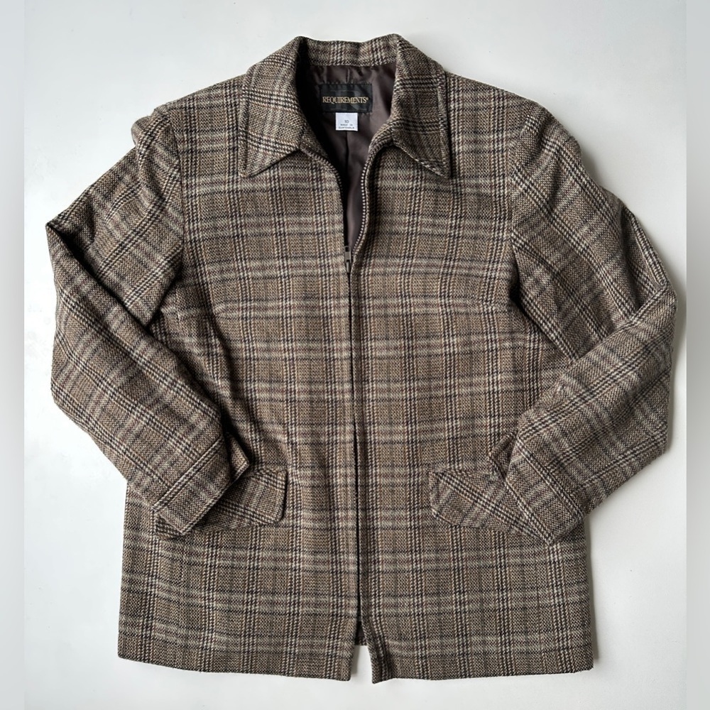 Vintage Requirements Brown Plaid Wool Blend Retro Zip Lined Jacket Women’s Sz 10